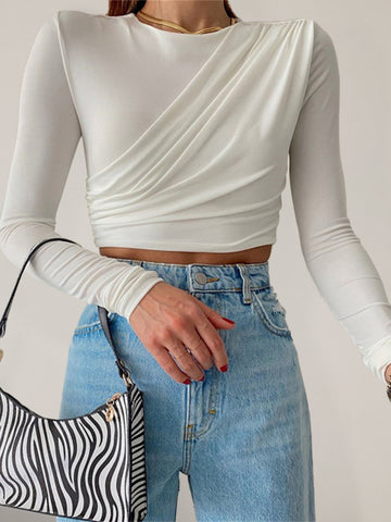 Round neck long sleeve slim fit short top