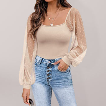 New Ladies Fashion Perspective Lantern Sleeve Stitching Slim Top