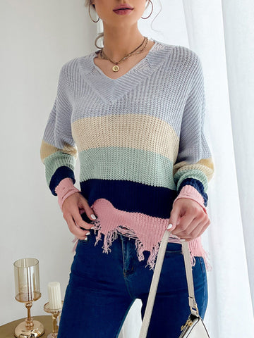 Casual women's long-sleeved worn-out knitted bottoming v-neck sweater