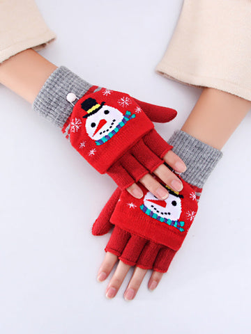 Women's Half Finger Flip Thickened Warm Knit Christmas Gloves