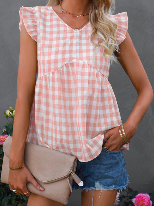 Women's V-neck sleeveless Plaid top