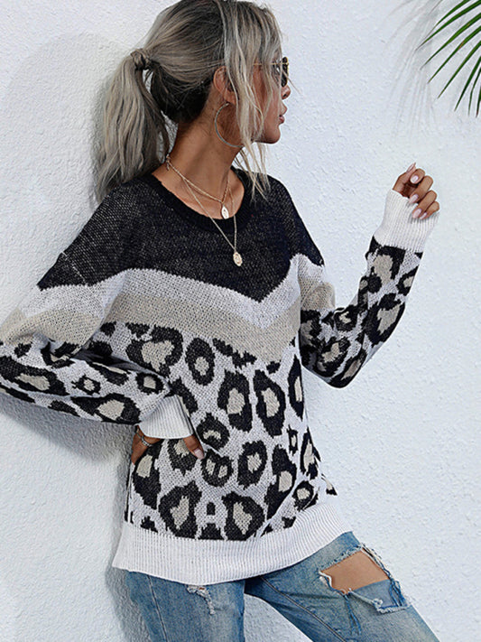 women's loose European and American mid-length round neck knitted sweater