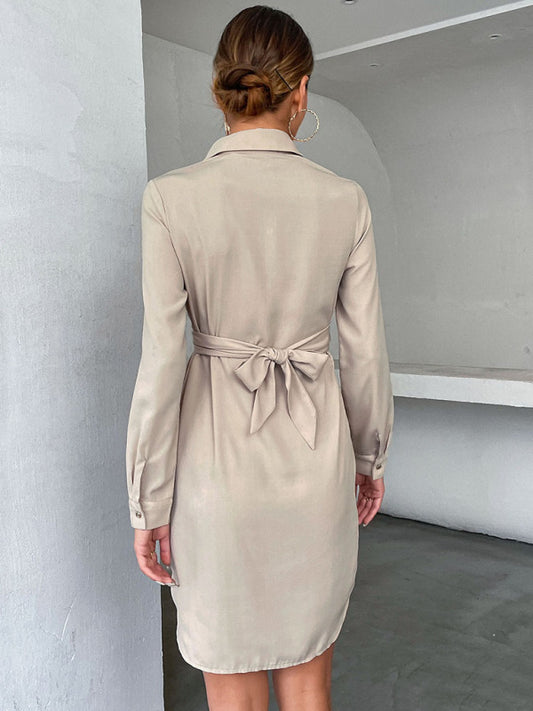 Women's design sense long-sleeved cardigan mid-length lapel shirt dress
