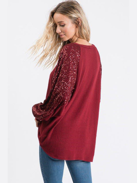 Sequin Stitching Women's Round Neck Loose Raglan Sleeve Fashion Top