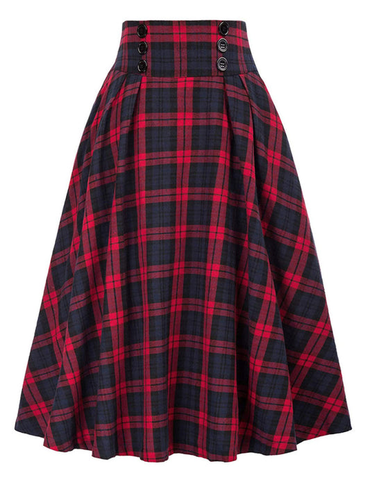 News Button Waist Swing Skirt Plaid Skirt Wool Swing Skirt