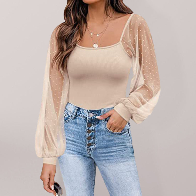 New Ladies Fashion Perspective Lantern Sleeve Stitching Slim Top