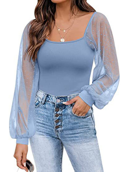 New Ladies Fashion Perspective Lantern Sleeve Stitching Slim Top