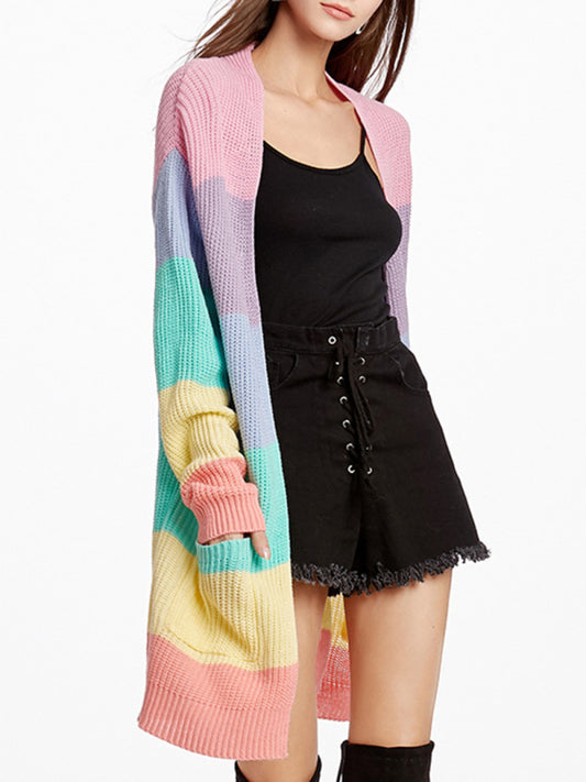 New Rainbow Color Loose Long Knit Cardigan Ladies Sweater Jacket