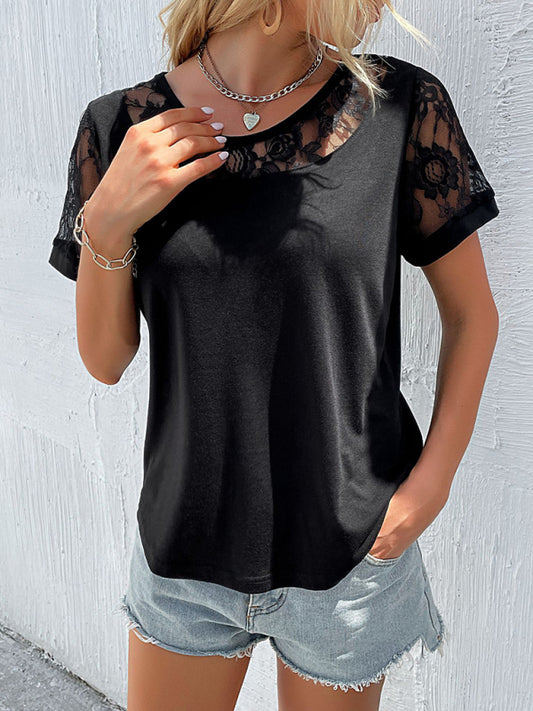 Women's lace hollow stitching top short-sleeved t-shirt
