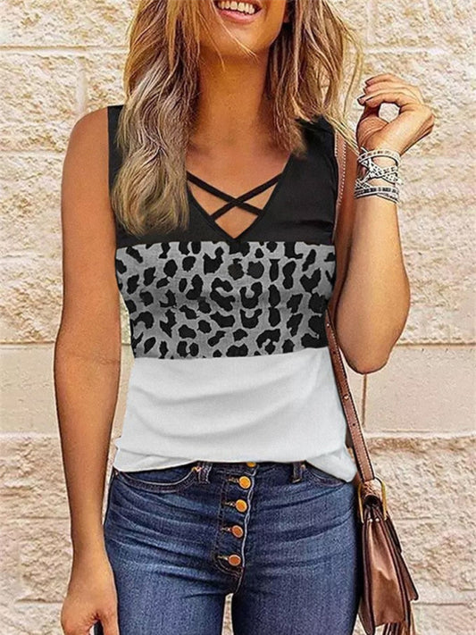 New women's leopard stitching V-neck top