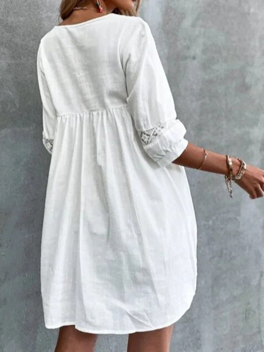 New V-neck simple cotton mid-sleeve casual vacation dress
