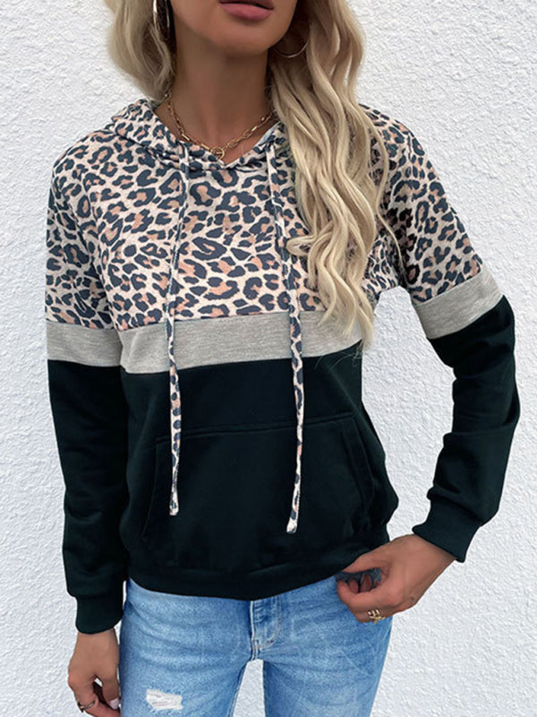 Women's Hooded Pocket Drawstring Paneled Leopard Sweatshirt