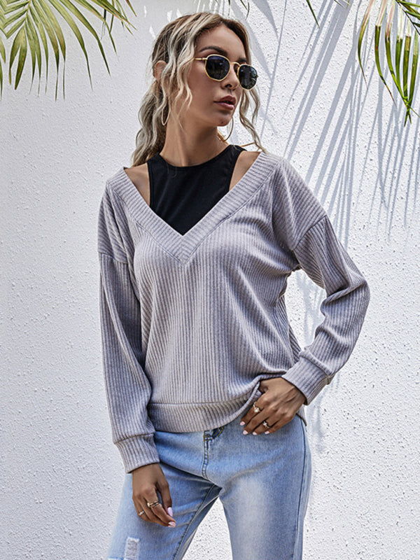 Women's Bottom Fake Two-Piece Oversized Stitching V-Neck Knitted Sweater