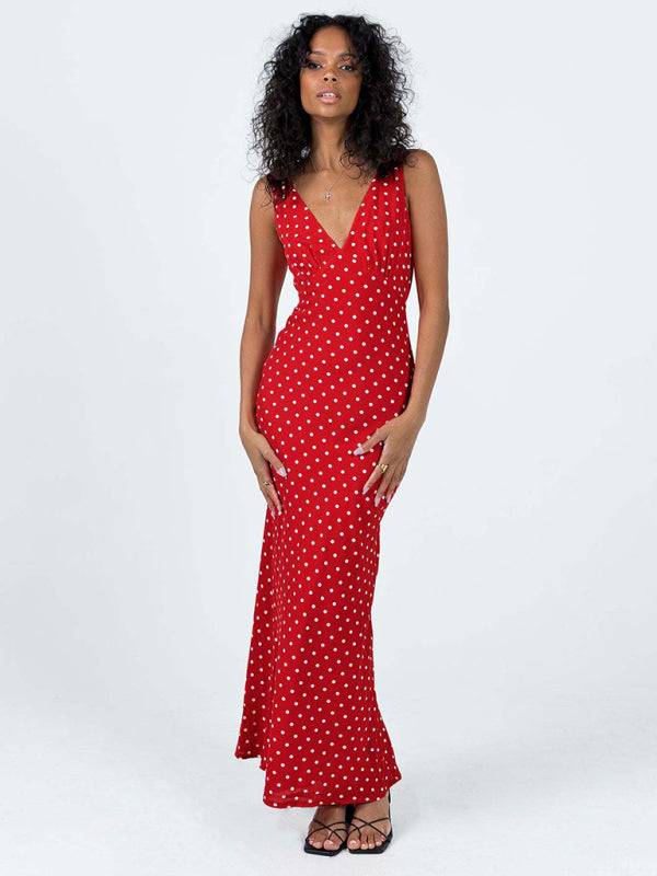 Women's polka dot suspender V-neck fishtail dress