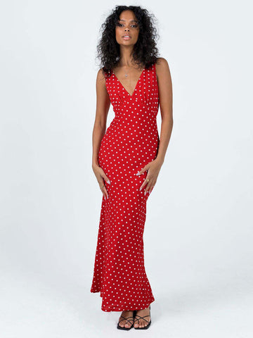 Women's polka dot suspender V-neck fishtail dress